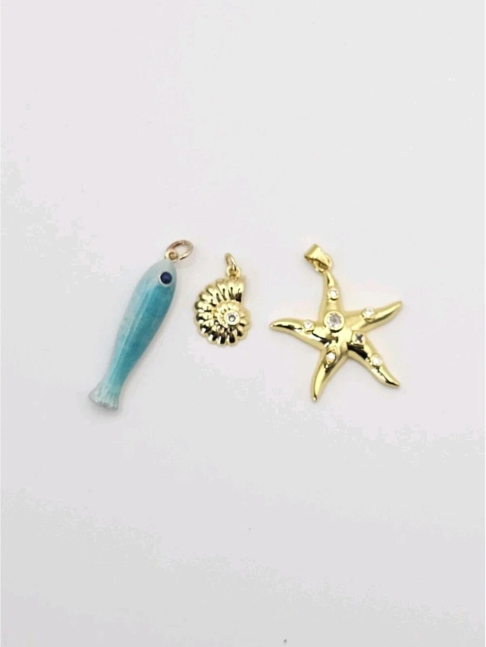 14K Gold Plated Ocean Charm Set Fish Starfish Shell CZ Enamel Pendant Lot of 3